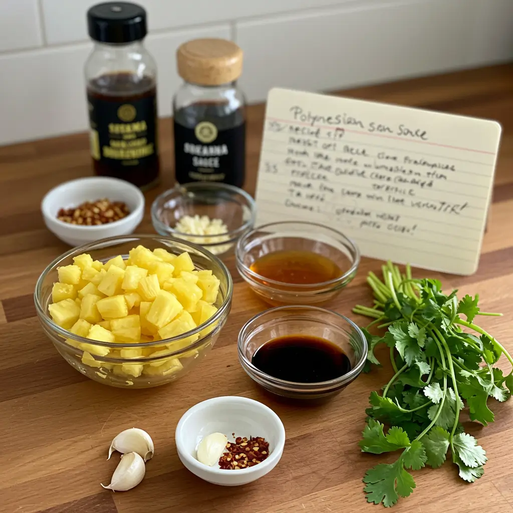 Ingredients for Polynesian sauce displayed on a wooden counter, including diced pineapple, garlic, red chili flakes, soy sauce, honey, cilantro, and seasonings.