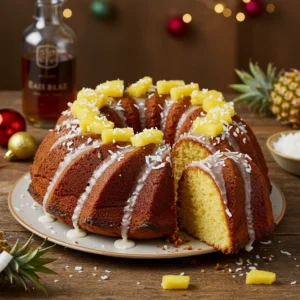 Close-up of a Caribbean Festival Rum Cake topped with pineapple chunks and shredded coconut, drizzled with rum glaze, set against a festive backdrop.