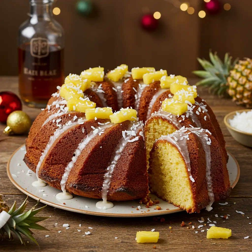 Close-up of a Caribbean Festival Rum Cake topped with pineapple chunks and shredded coconut, drizzled with rum glaze, set against a festive backdrop.