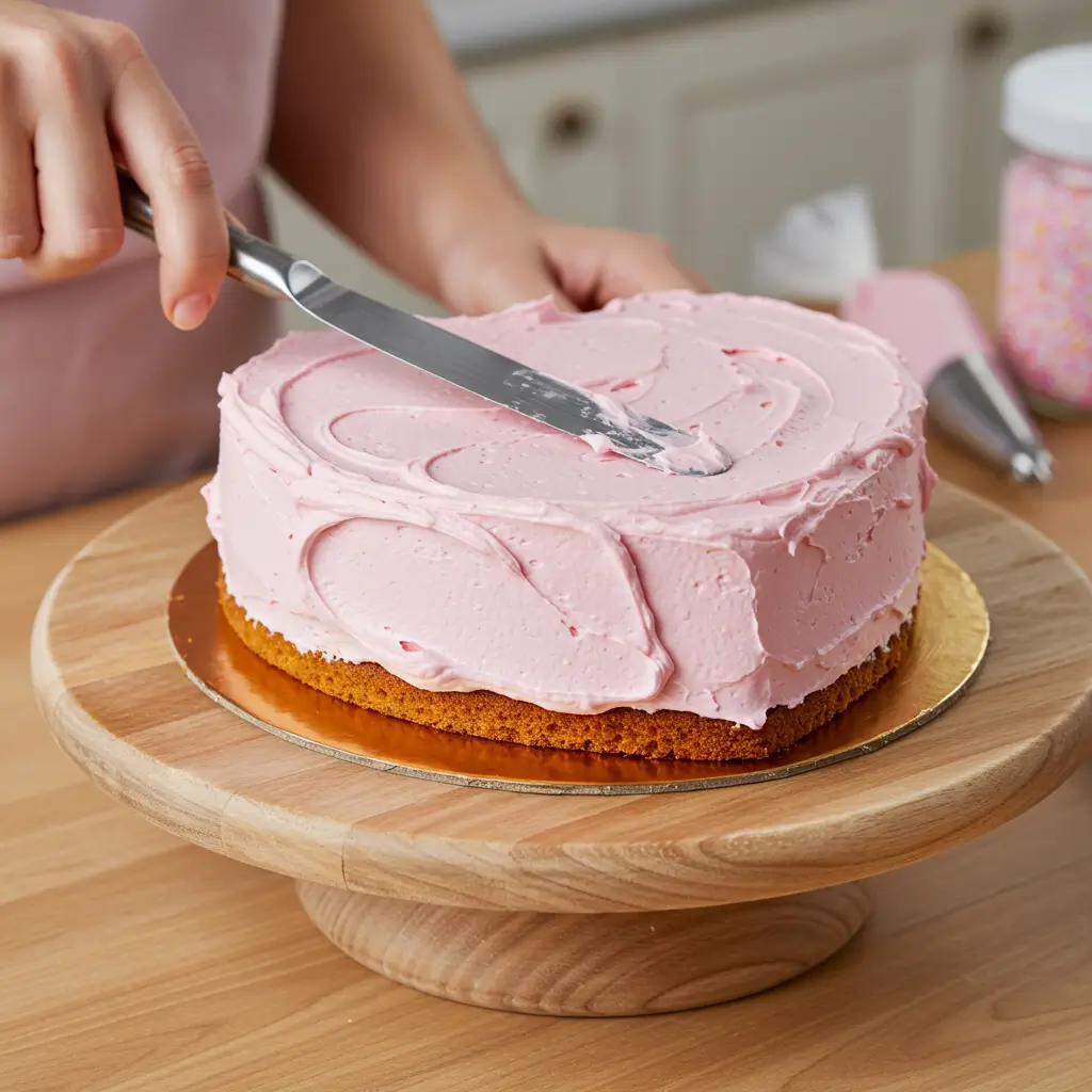 A person spreading pink frosting on a round cake with a spatula on a wooden cake stand.