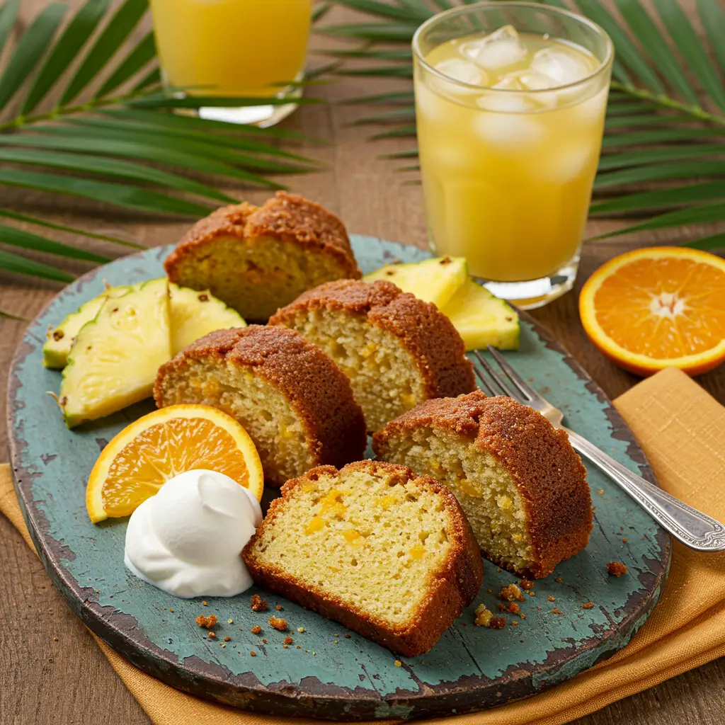 Slices of Caribbean Festival Rum Cake served with orange slices, pineapple, and a dollop of whipped cream, alongside tropical drinks with ice.