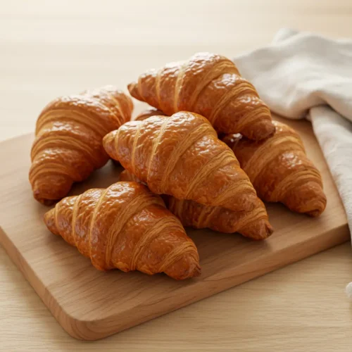 Golden, flaky Gipfeli (Swiss croissants) arranged on a wooden board, showcasing their buttery, layered texture.