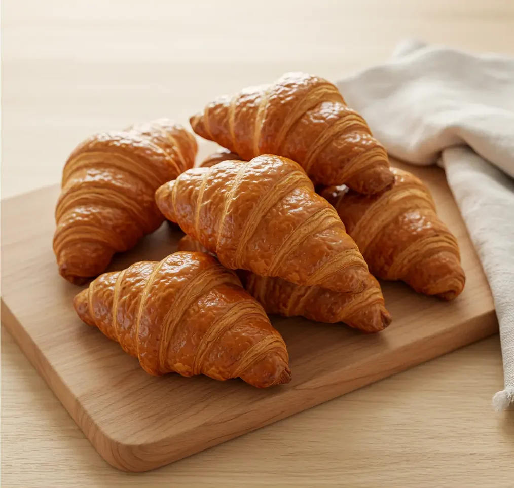 Golden, flaky Gipfeli (Swiss croissants) arranged on a wooden board, showcasing their buttery, layered texture.