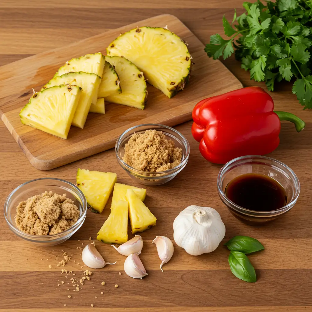 Fresh ingredients for Polynesian sauce, including pineapple slices, red bell pepper, brown sugar, garlic cloves, soy sauce, and fresh herbs on a wooden surface.