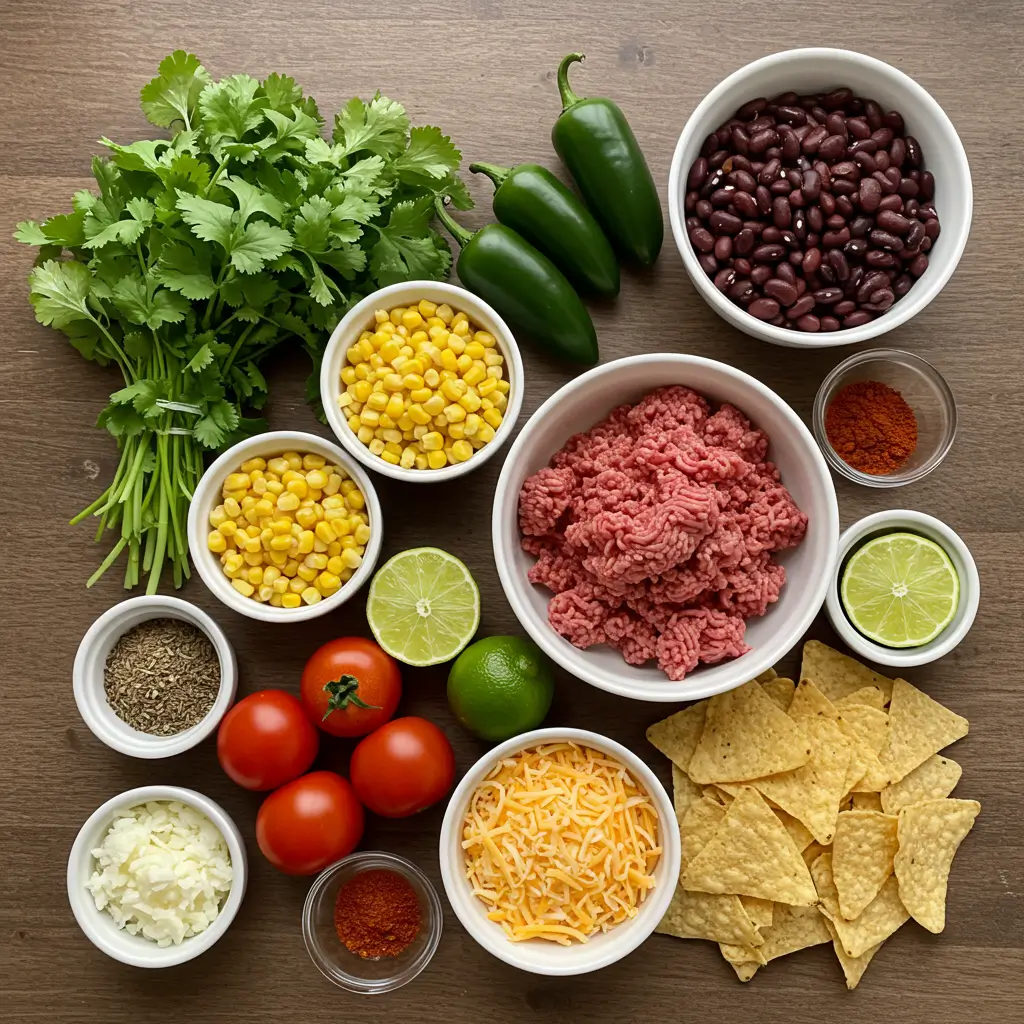 Ingredients for taco soup displayed on a wooden surface, including ground meat, beans, corn, fresh cilantro, tomatoes, shredded cheese, tortilla chips, and various spices.