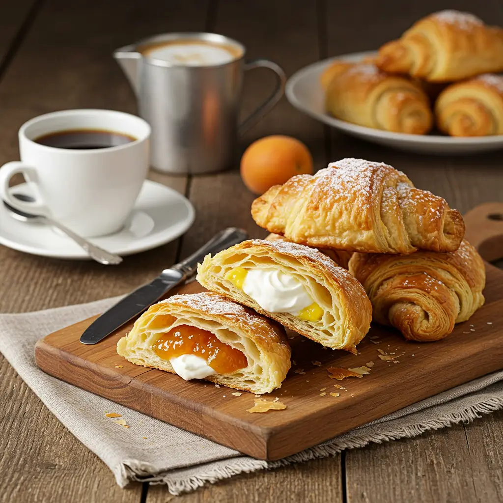 Freshly baked Gipfeli (Swiss croissants) filled with apricot jam and whipped cream, served with coffee.