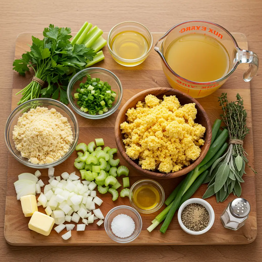 A collection of ingredients for chicken and dressing recipe, including celery, green onions, herbs, broth, butter, and cornbread crumbs.