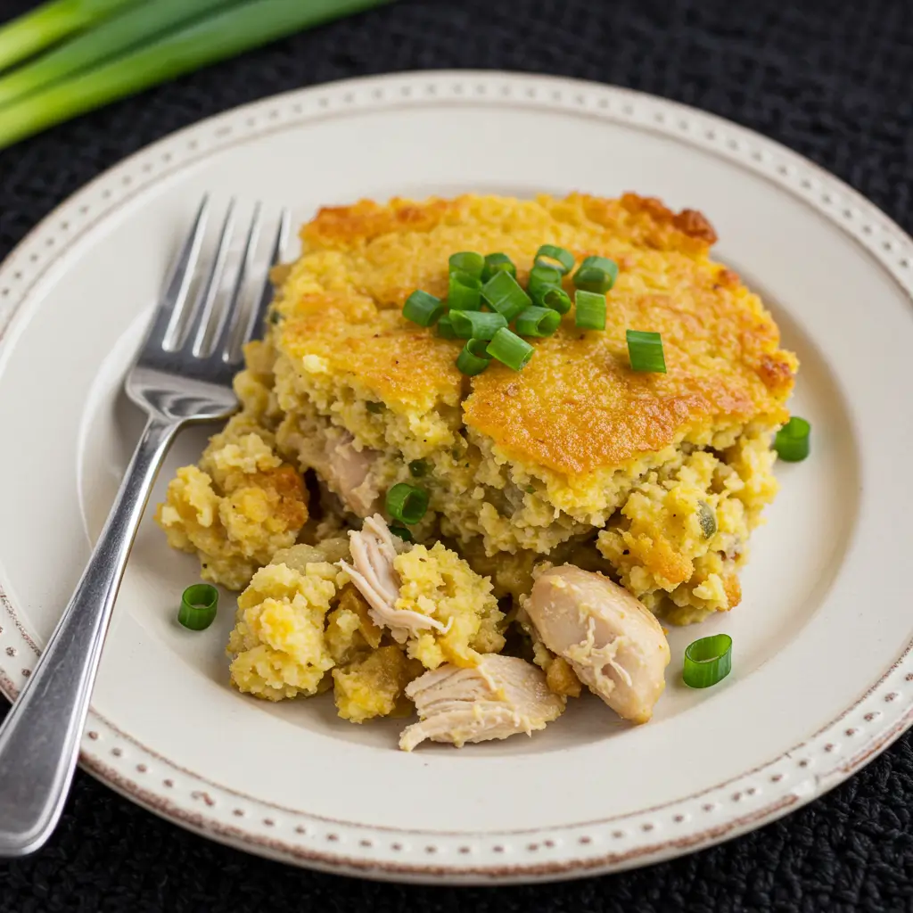 A serving of chicken and dressing casserole topped with chopped green onions, showcasing moist chicken pieces and golden cornbread.