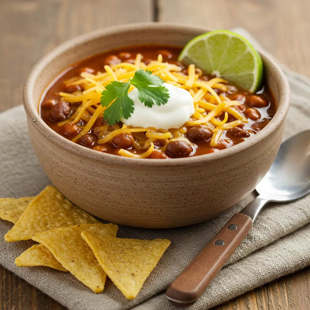 A bowl of taco soup topped with shredded cheese, sour cream, and cilantro, garnished with a lime wedge, served with tortilla chips on the side.