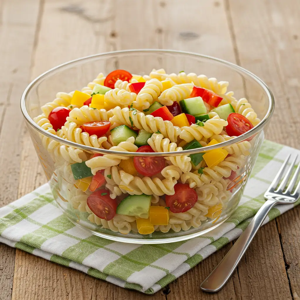 A clear bowl filled with colorful 4 ingredient pasta salad featuring rotini pasta, cherry tomatoes, yellow bell peppers, and cucumber.