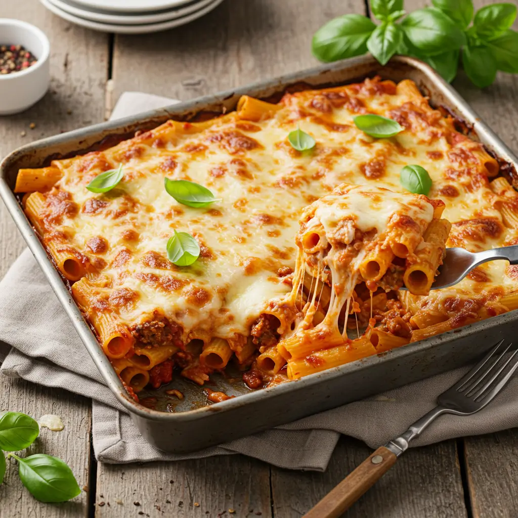 A freshly baked ziti casserole topped with melted cheese and fresh basil leaves, served in a rectangular baking dish on a wooden table.