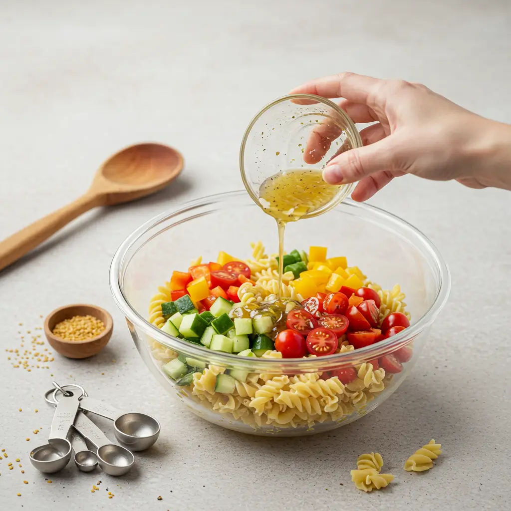 A hand pouring dressing over a bowl of 4 ingredient pasta salad with colorful vegetables, including rotini pasta, cherry tomatoes, cucumbers, and yellow bell peppers.