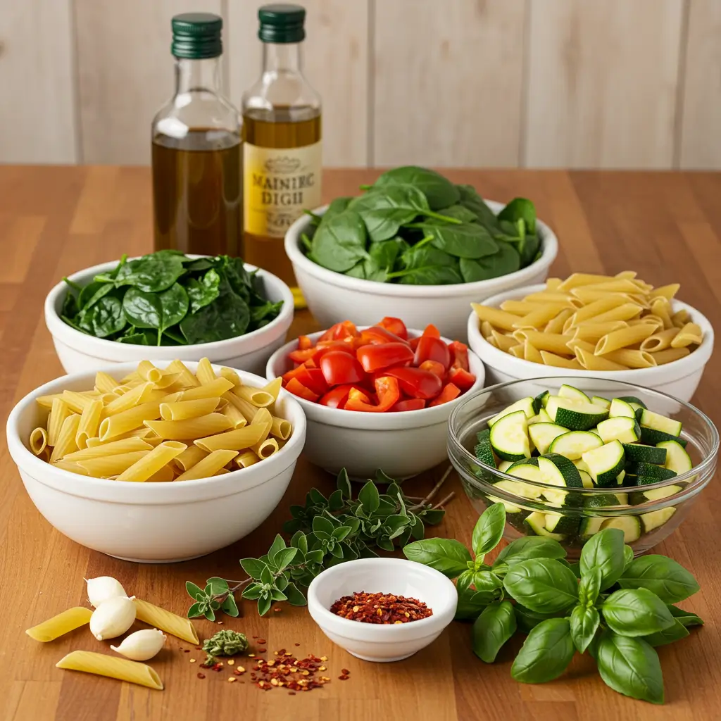 A variety of fresh ingredients for a baked ziti recipe with no meat, including uncooked penne pasta, fresh spinach, zucchini slices, diced cherry tomatoes, garlic cloves, fresh basil, oregano, red pepper flakes, and olive oil bottles on a wooden surface.