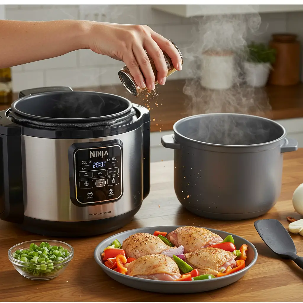 A hand sprinkling seasoning over chicken and vegetables in a Ninja Foodi, with a plate of prepared ingredients and steam rising from the pot.