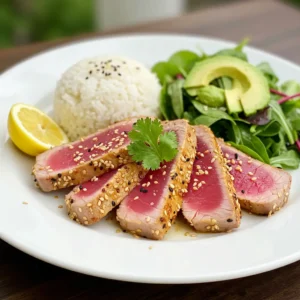 A plate of seared ahi tuna slices, garnished with sesame seeds and cilantro, served with a side of white rice and a fresh avocado salad.