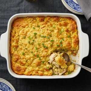 A golden-brown chicken and cornbread dressing casserole in a white baking dish, garnished with green onions, with a serving spoon resting inside.