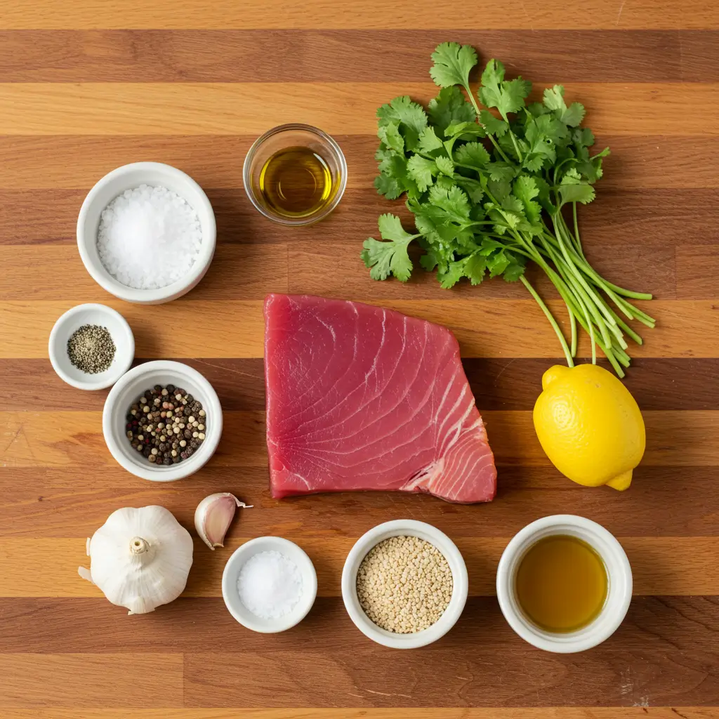 Fresh ingredients for a seared ahi tuna recipe, including a raw ahi tuna steak, lemon, cilantro, garlic, sesame seeds, olive oil, and various seasonings arranged on a wooden cutting board.