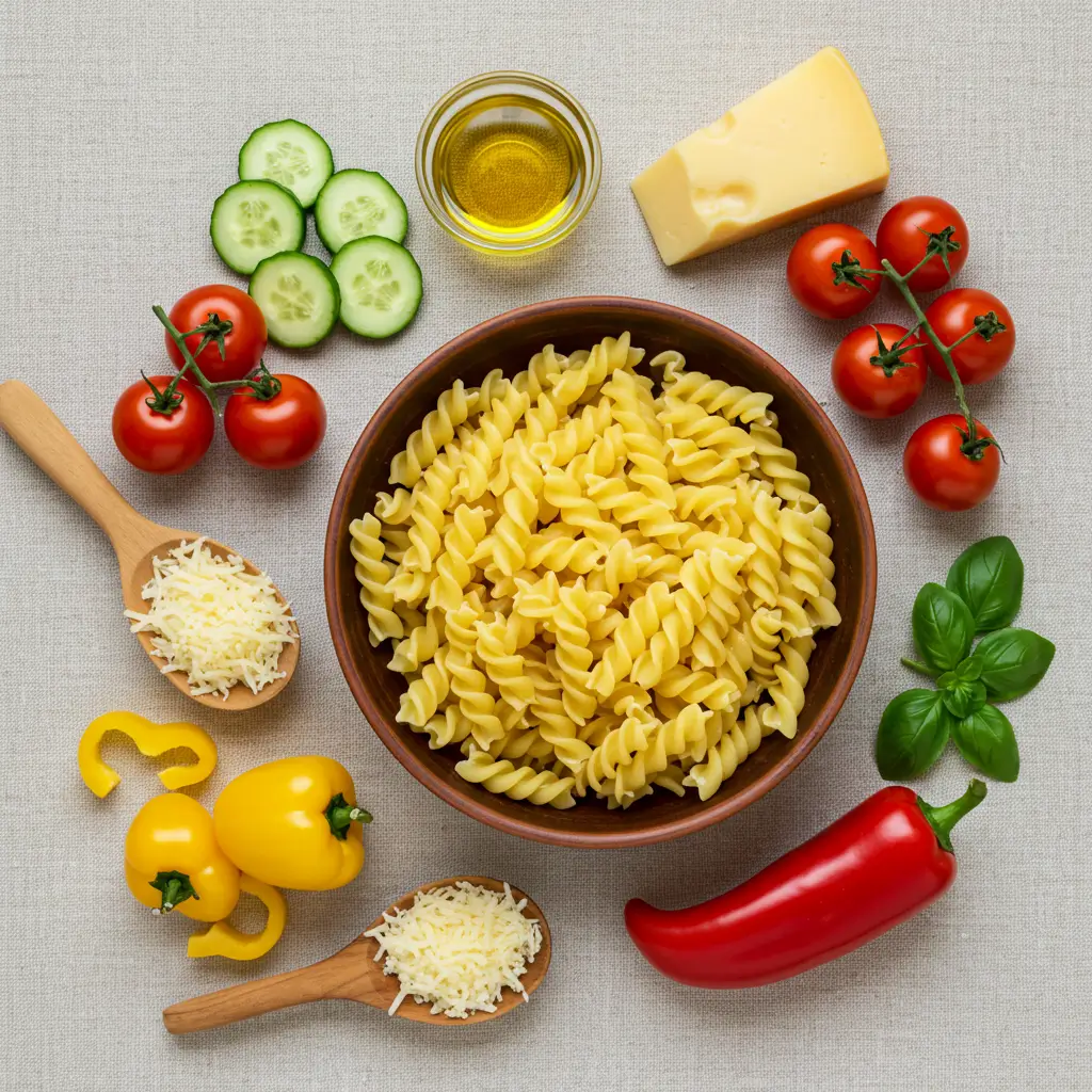 Ingredients for a 4 ingredient pasta salad, including rotini pasta, cherry tomatoes, cucumber slices, yellow bell peppers, olive oil, cheese, and fresh basil.