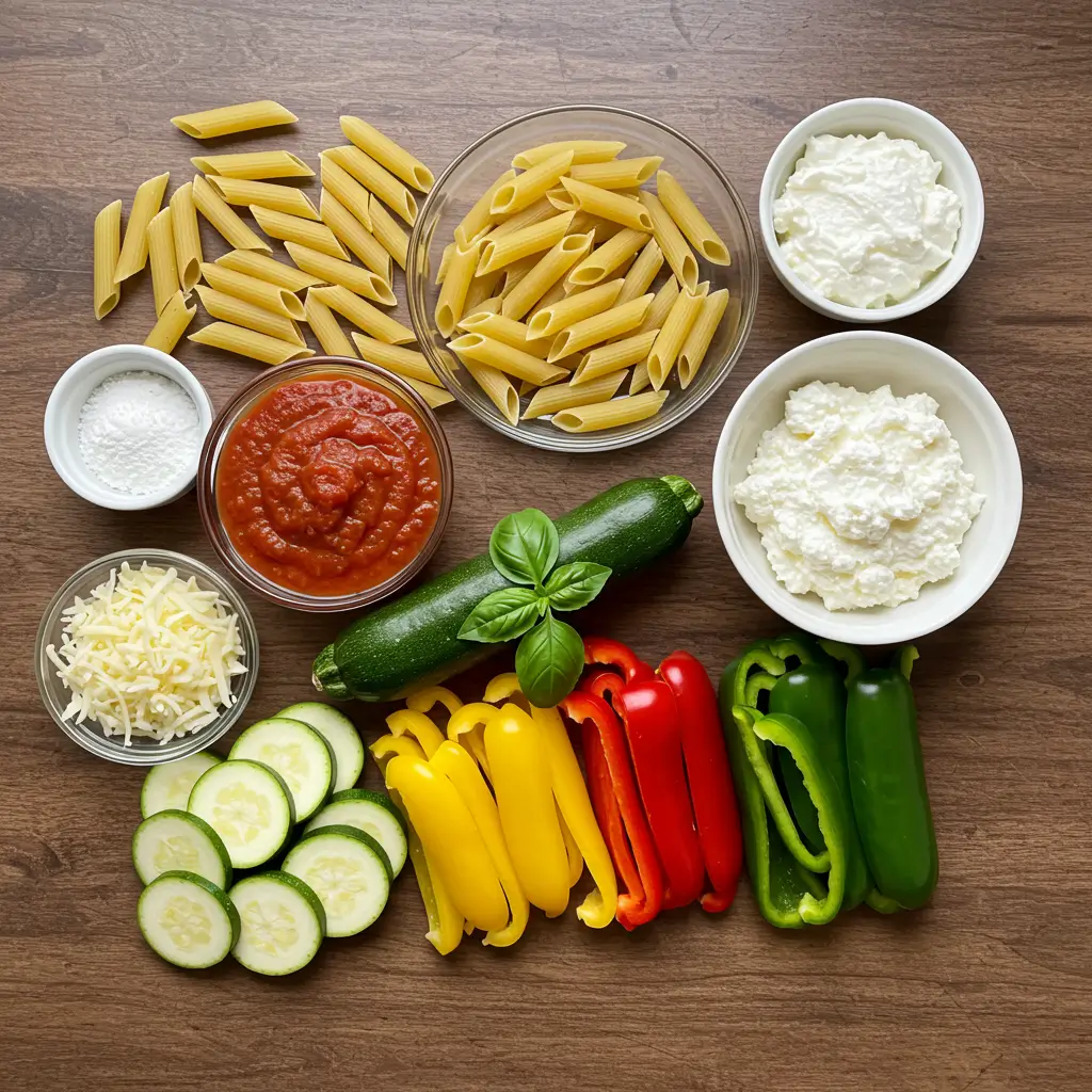 Ingredients for a vegetarian baked ziti recipe laid out on a wooden surface, including penne pasta, marinara sauce, ricotta, mozzarella, zucchini, bell peppers, and fresh basil.