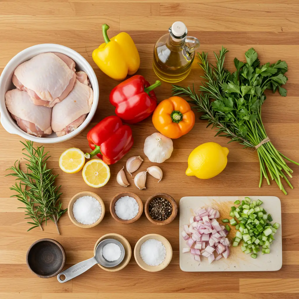 A collection of fresh ingredients for Ninja Foodi recipes, including chicken thighs, colorful bell peppers, garlic, herbs, lemon, and seasonings displayed on a wooden countertop.