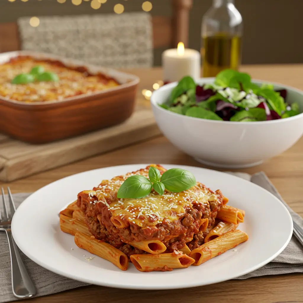 A plate of baked ziti topped with melted cheese and fresh basil leaves, served alongside a green salad and a baking dish of ziti in the background, showcasing a delicious meatless recipe.