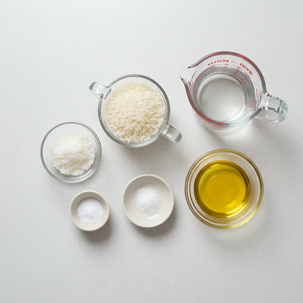 Ingredients for a rice hack recipe, including rice, salt, oil, and water, arranged on a white countertop.