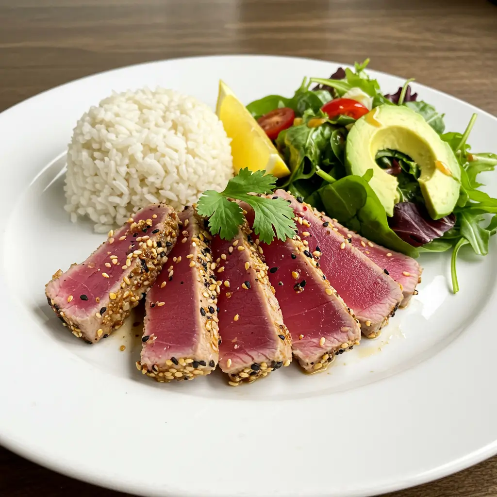 A plated seared ahi tuna dish featuring sesame-crusted tuna slices, a side of white rice, mixed greens with avocado, cherry tomatoes, and a lemon wedge.