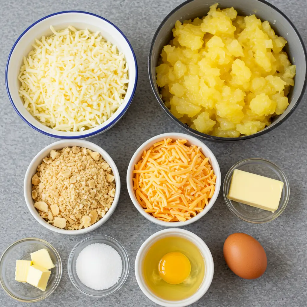 Ingredients for a pineapple casserole recipe, including cheese, crushed pineapple, butter, egg, and sugar, arranged on a gray countertop.