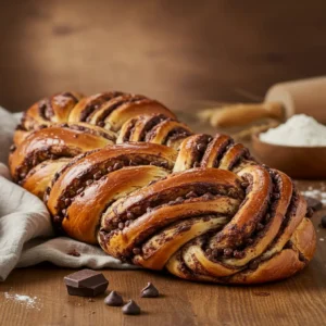 A beautifully baked braided brioche loaf filled with chocolate chips, placed on a wooden surface with flour, chocolate pieces, and a rolling pin in the background.