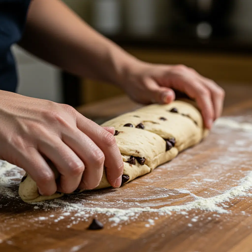 Hands braiding chocolate chip brioche dough on a wooden countertop dusted with flour.