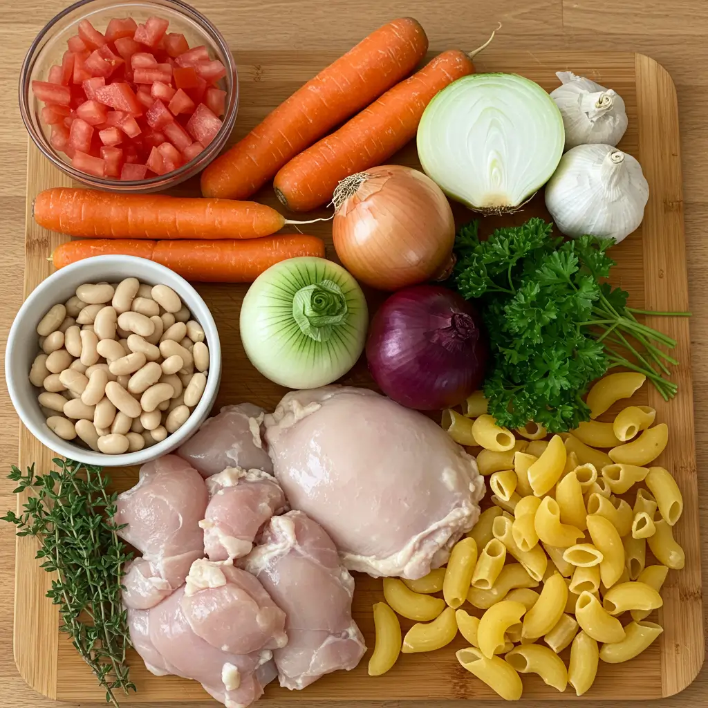 Ingredients for a chicken pasta fazool recipe arranged on a wooden board, including raw chicken thighs, carrots, onions, garlic, parsley, thyme, diced tomatoes, white beans, elbow pasta, and fresh herbs.