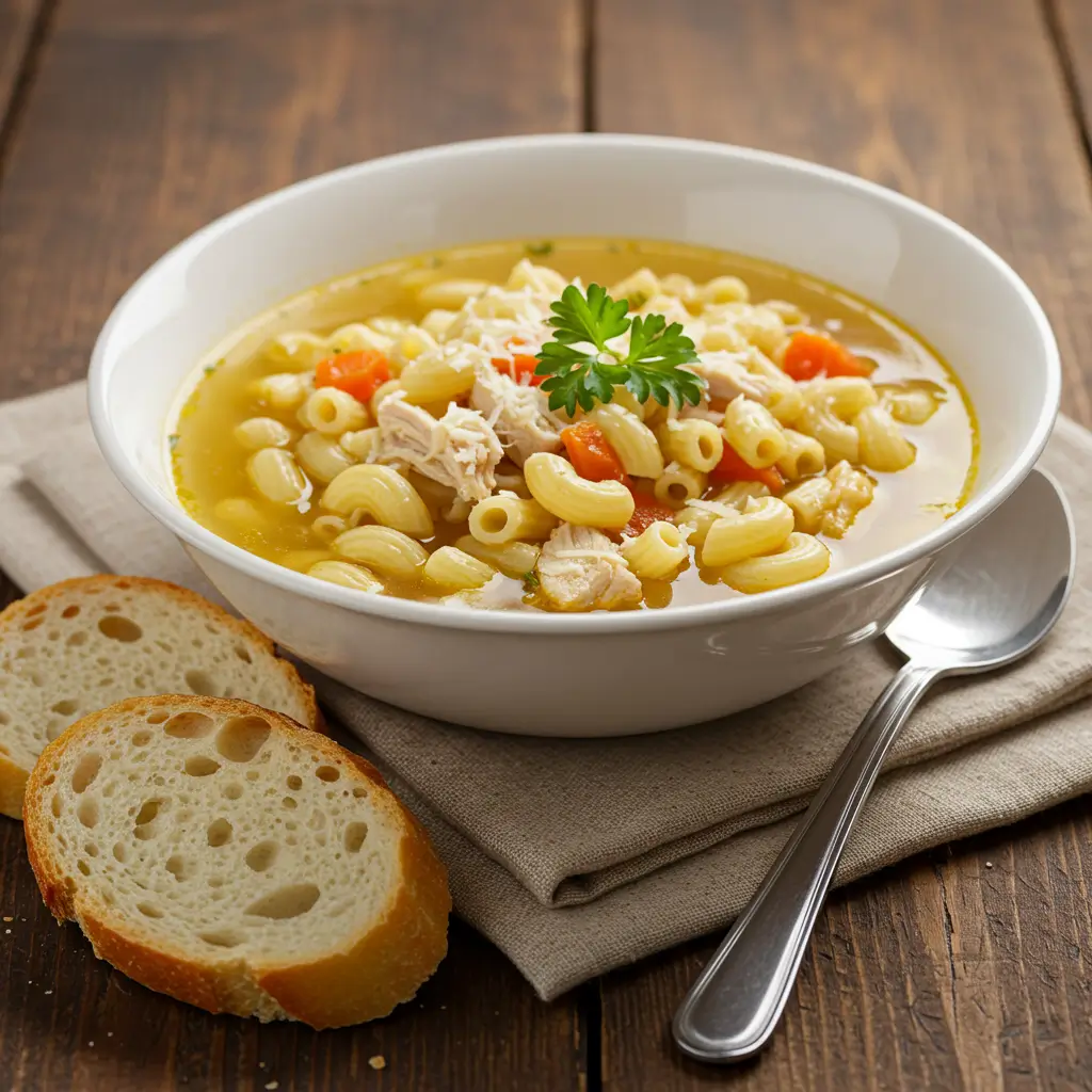 A bowl of chicken pasta fazool served with elbow macaroni, shredded chicken, carrots, and a rich broth, garnished with parsley, accompanied by slices of crusty bread.