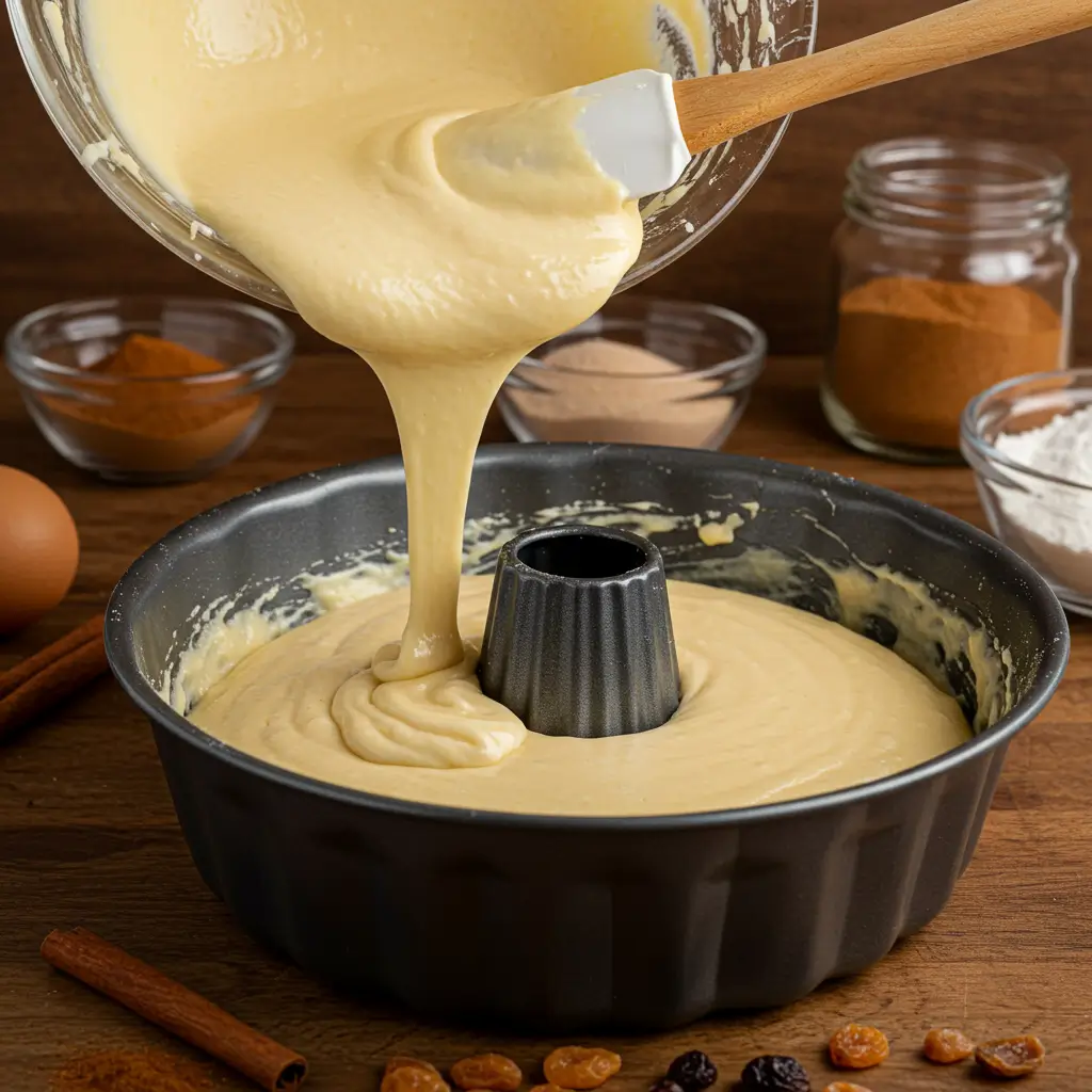 Pouring the batter into a greased bundt pan for the Caribbean Festival Rum Cake, with bowls of cinnamon, dried fruits, and flour in the background.