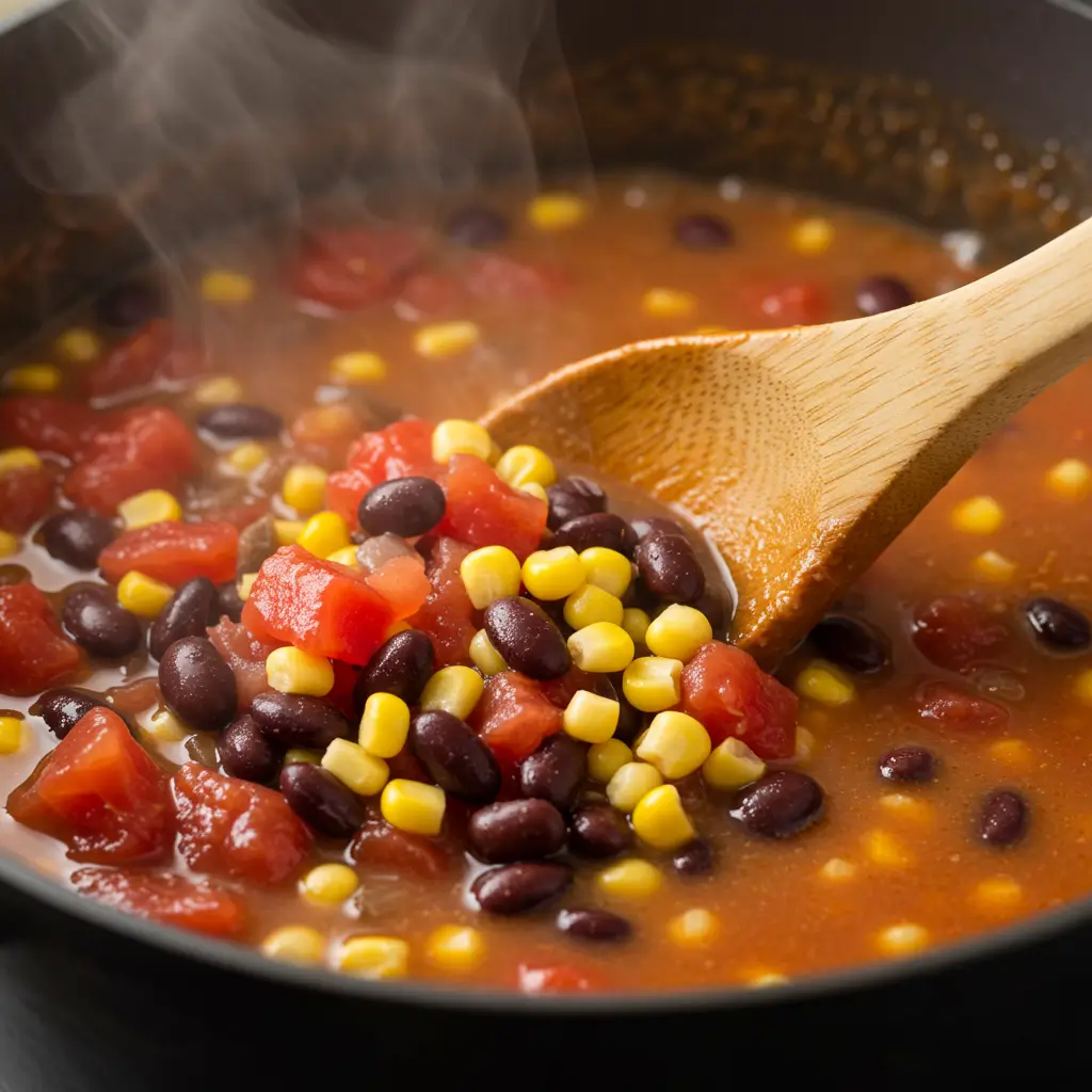 Steaming pot of taco soup with a wooden spoon stirring a mix of black beans, corn, diced tomatoes, and broth.