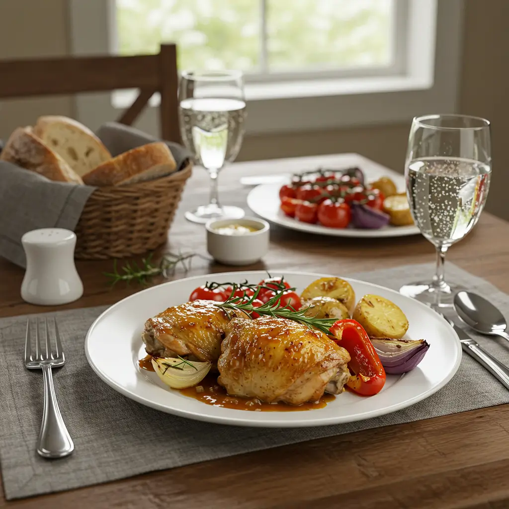 A beautifully plated meal featuring glazed chicken thighs with roasted vegetables, served alongside bread and sparkling water on a dining table.