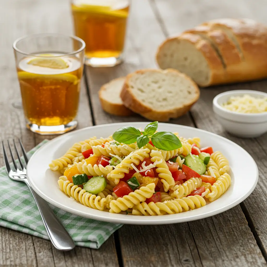 A plate of 4 ingredient pasta salad garnished with fresh basil, accompanied by drinks and slices of bread.