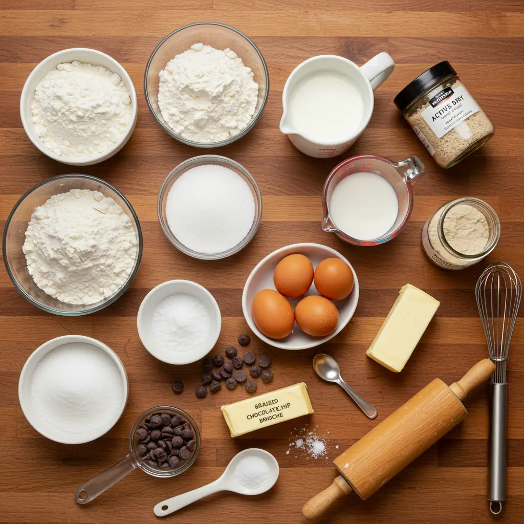 A flat lay of ingredients for braided chocolate chip brioche, including flour, sugar, eggs, milk, butter, and chocolate chips, arranged on a wooden countertop.