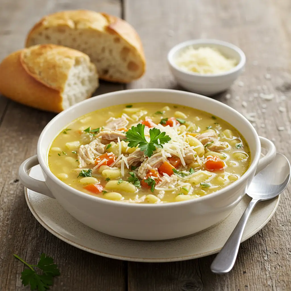 A warm bowl of pasta fazool made with chicken, garnished with parsley and Parmesan, served with crusty bread on a rustic wooden table.