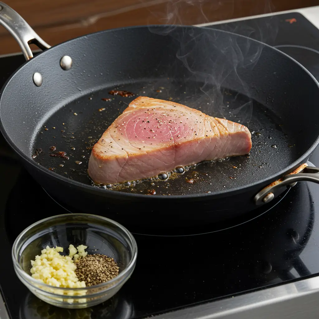 A close-up view of a seared ahi tuna steak in a hot frying pan, seasoned with salt and pepper. Small bowls of minced garlic and cracked black pepper sit beside the pan.