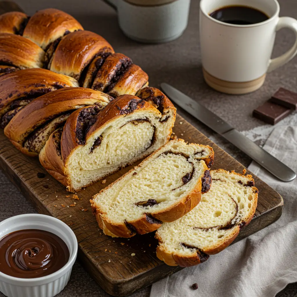 Sliced braided chocolate chip brioche on a wooden board, with a side of chocolate spread and a cup of coffee.