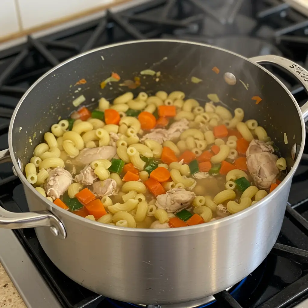 A pot of chicken pasta fazool cooking on the stovetop, filled with elbow macaroni, chicken, carrots, zucchini, and a flavorful broth.