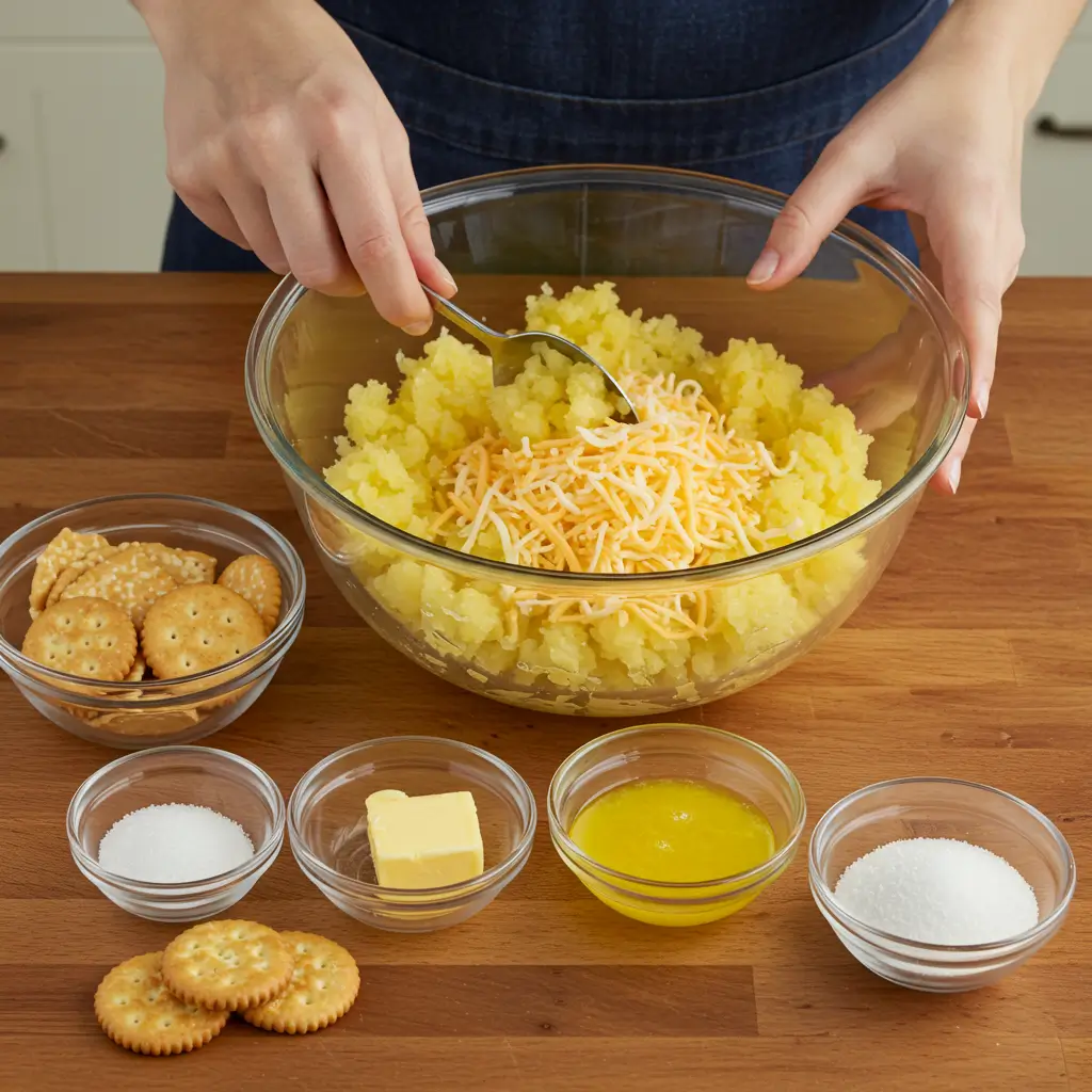 Mixing ingredients for pineapple casserole in a glass bowl, with shredded cheese, crushed pineapple, and seasonings, alongside crackers and other ingredients on a wooden countertop.