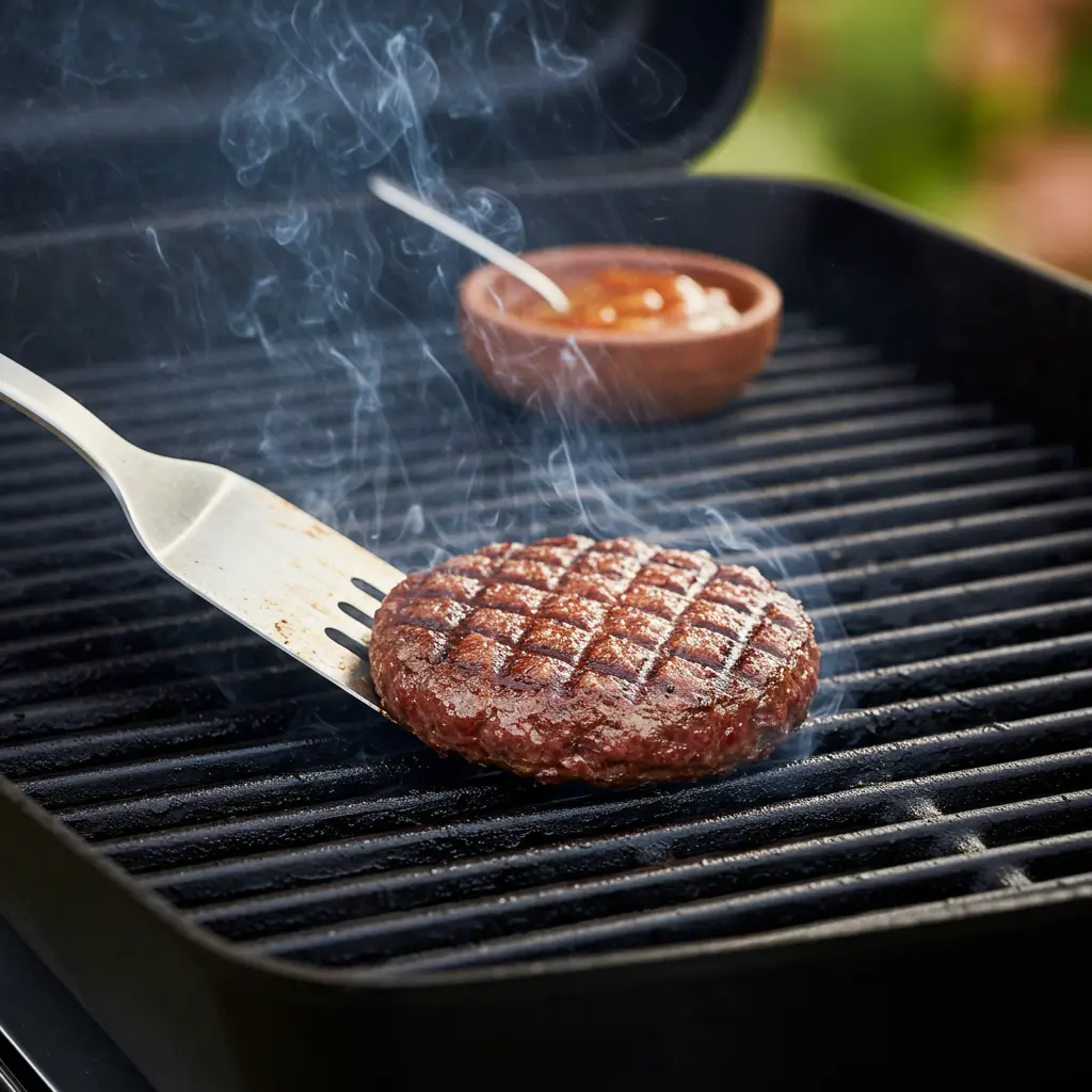 A venison burger patty grilling on a barbecue, emitting smoke, with a spatula holding it and a bowl of sauce in the background.