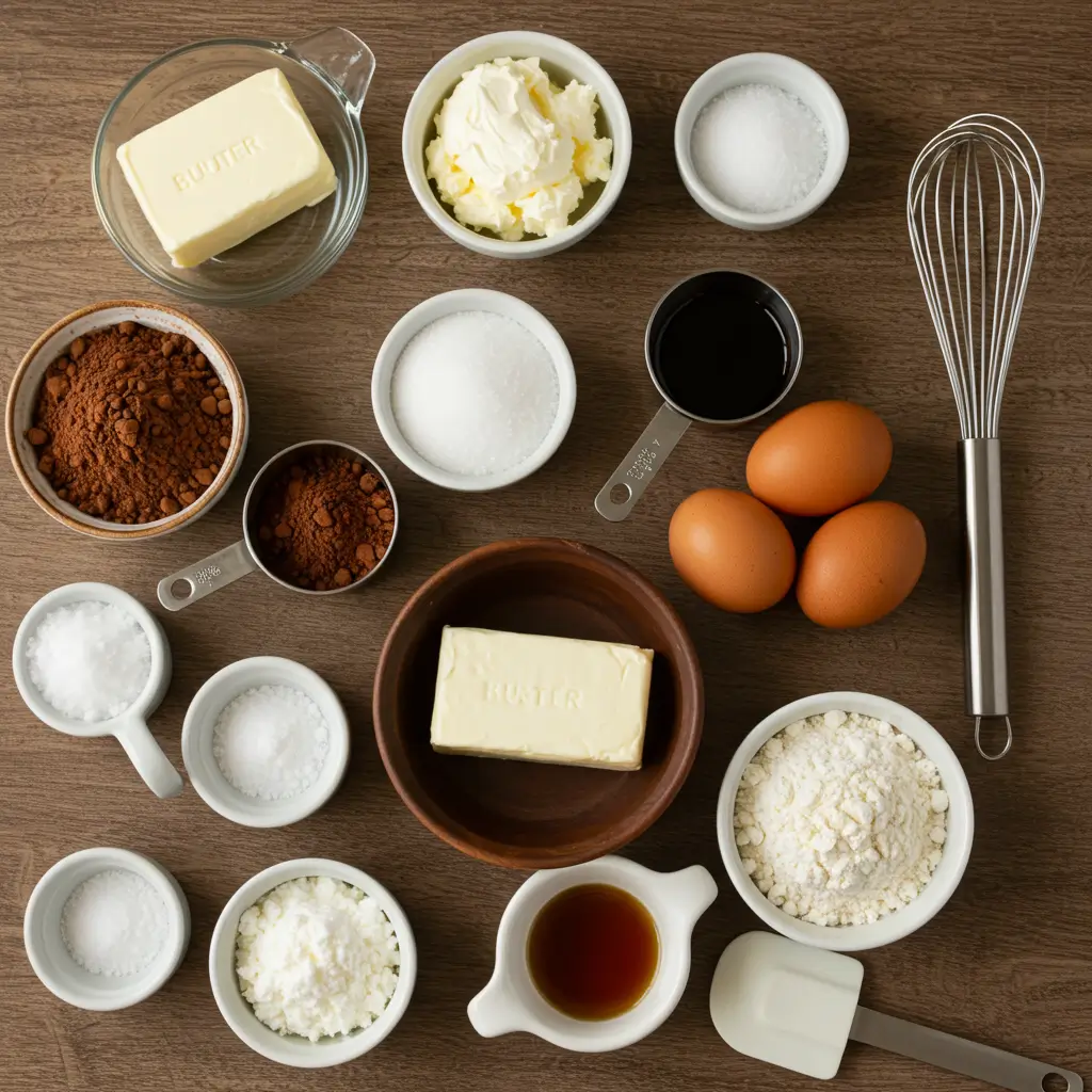 A flat-lay image showcasing the ingredients for a chocolate cream cheese pound cake, including butter, cream cheese, sugar, cocoa powder, eggs, vanilla extract, and flour, arranged neatly with baking tools.