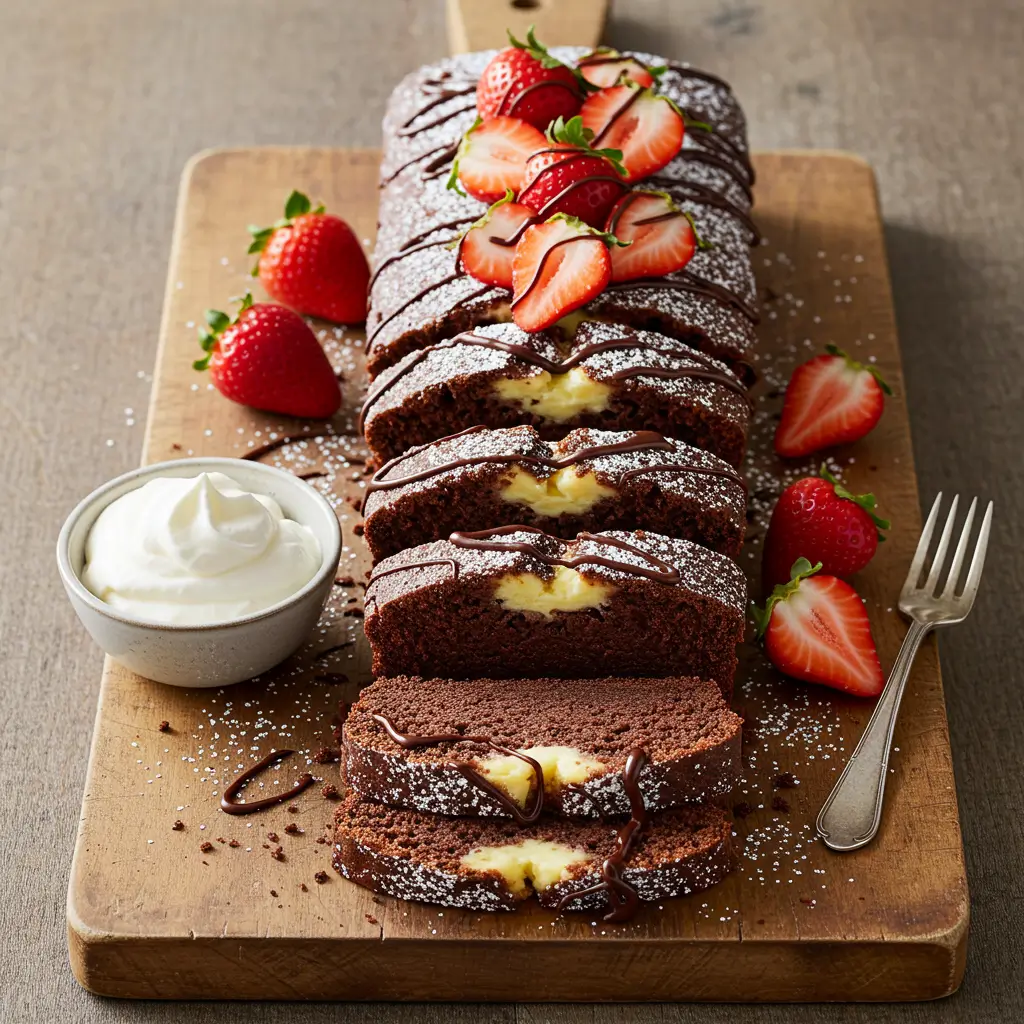 A long chocolate cream cheese pound cake sliced into portions, drizzled with chocolate sauce, garnished with powdered sugar and fresh strawberries, served with whipped cream on the side.