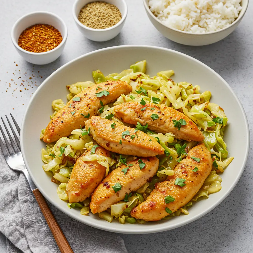 A delicious plate of golden-brown chicken strips served on a bed of tender sautéed cabbage, garnished with fresh parsley, accompanied by bowls of rice, spices, and seasoning.