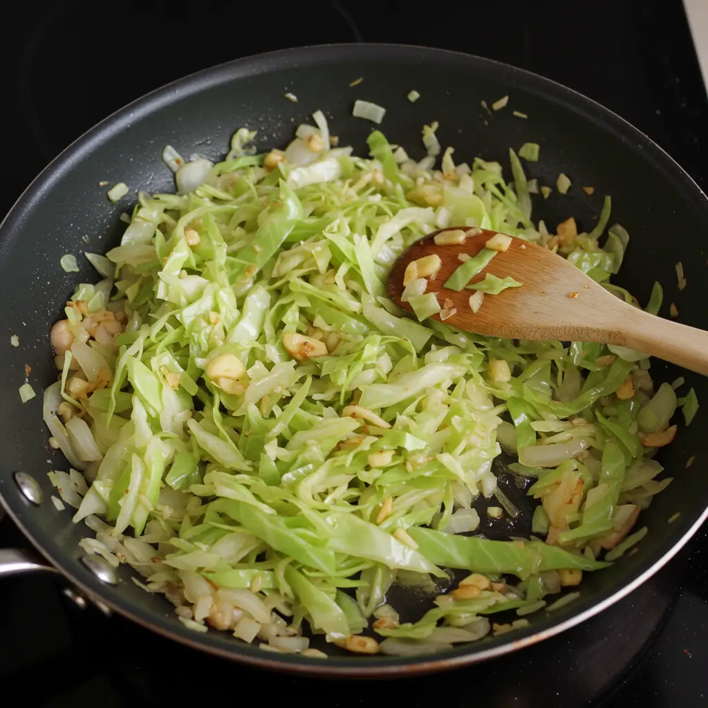 Sautéed shredded cabbage with onions and garlic in a skillet, stirred with a wooden spoon, showcasing vibrant green and golden tones.