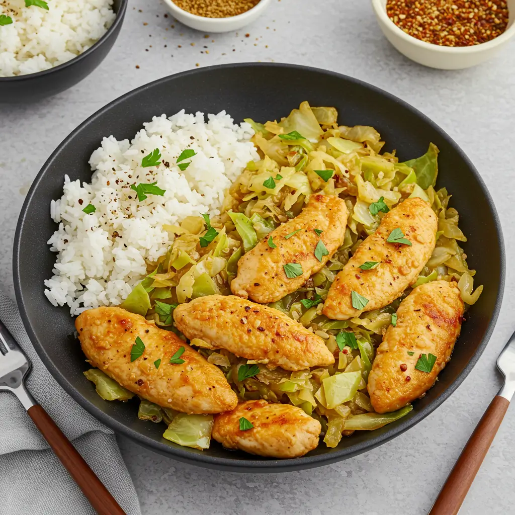 A bowl of golden-brown chicken strips served with sautéed cabbage and a side of steamed white rice, garnished with fresh parsley.