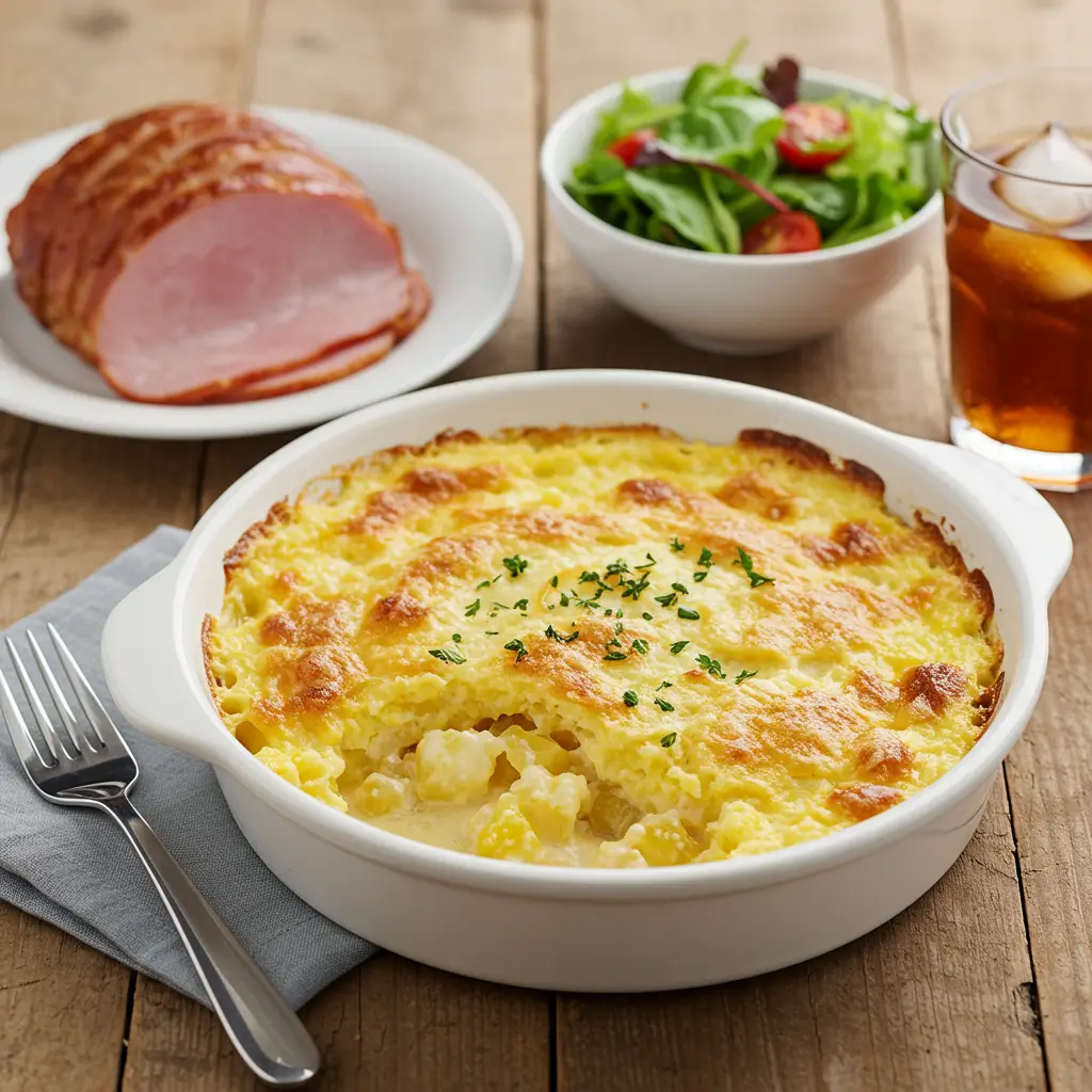 A golden-brown pineapple casserole served in a white dish, garnished with fresh herbs. Sliced ham, a salad, and iced tea are in the background on a rustic wooden table.