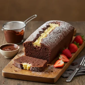 A long chocolate cream cheese pound cake topped with powdered sugar, sliced to reveal its creamy center, served with fresh strawberries and chocolate sauce.